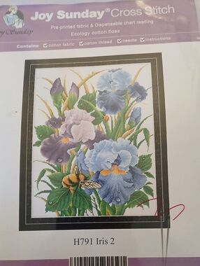 Joy Sunday Blue Purple Iris Floral Cross Stitch Kit.